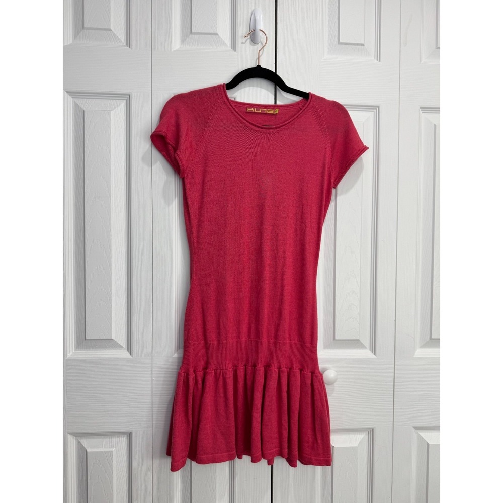 Kuna Knitted Mini Dress Women's XS Coral Long Sleeve Ruffled Hem Pullover Preppy